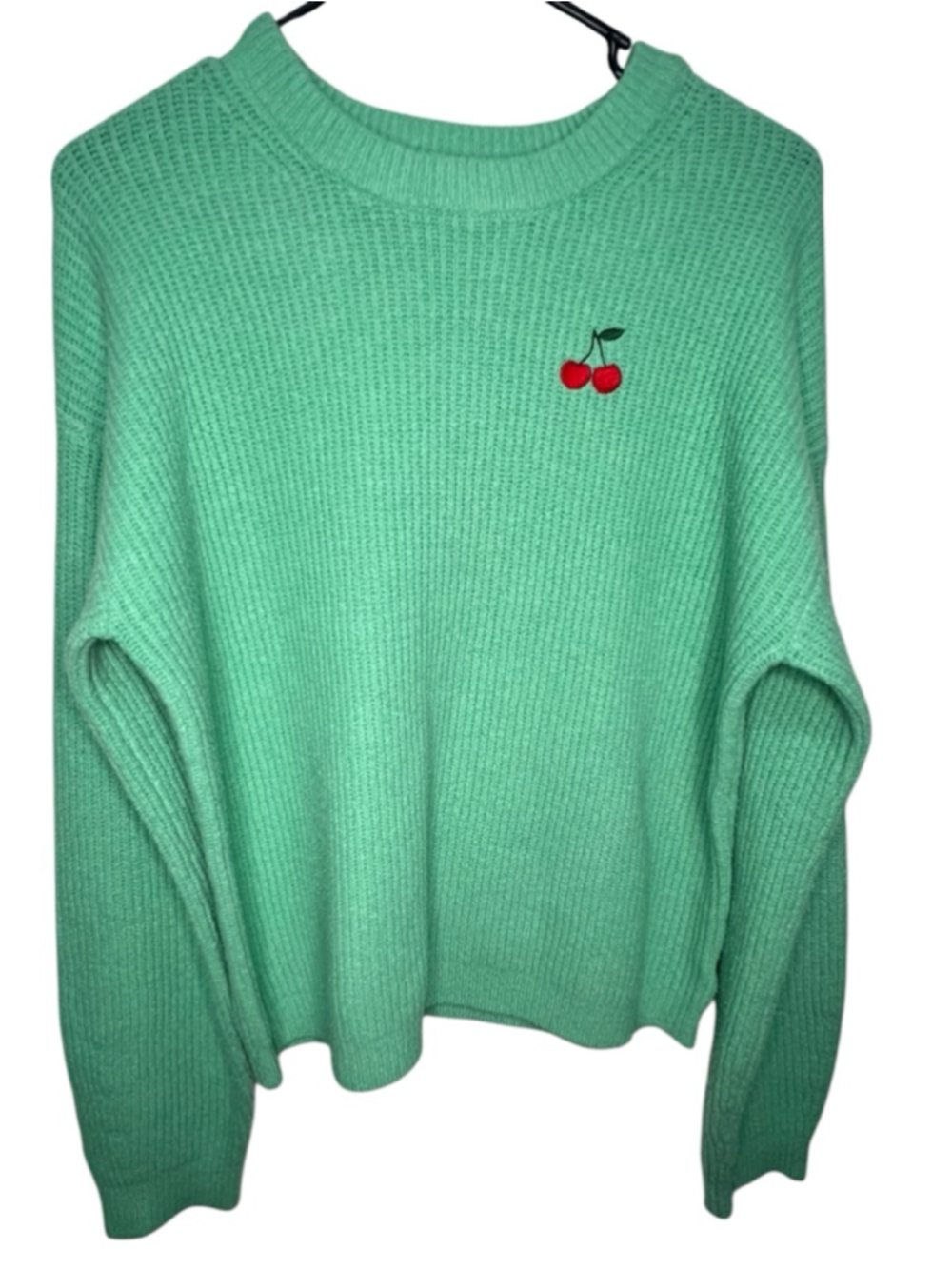 A New Day Mint Green Cherry Embroidered Slouchy Knit Pullover Sweater
